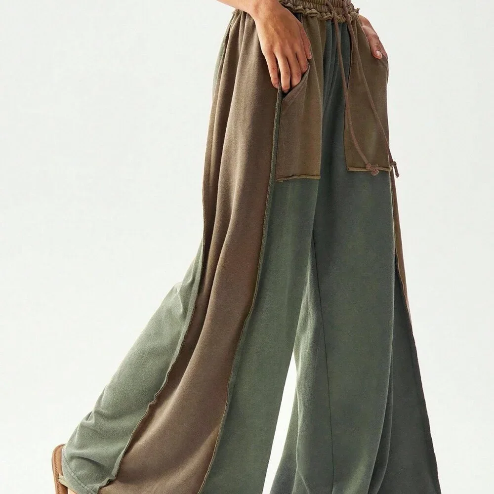 Multicolor Casual Women's Knit Patchwork Loose Wide Leg Washed Pants - Picture 6 of 7